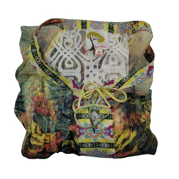 Anthropologie Women M Blouse Fig and Flower Sheer Lace Back Top with Yellow Cami - Picture 8 of 8